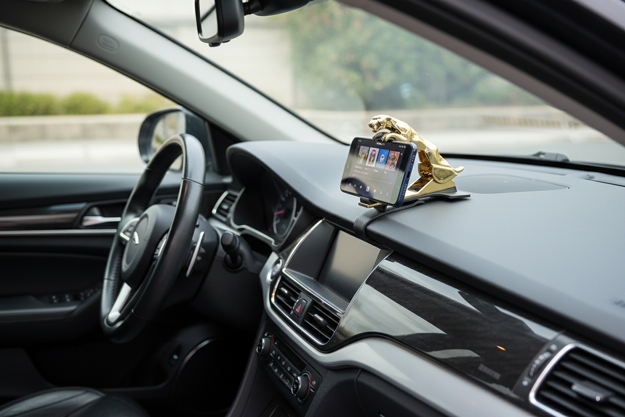 Car dashboard with phone holder showing music app