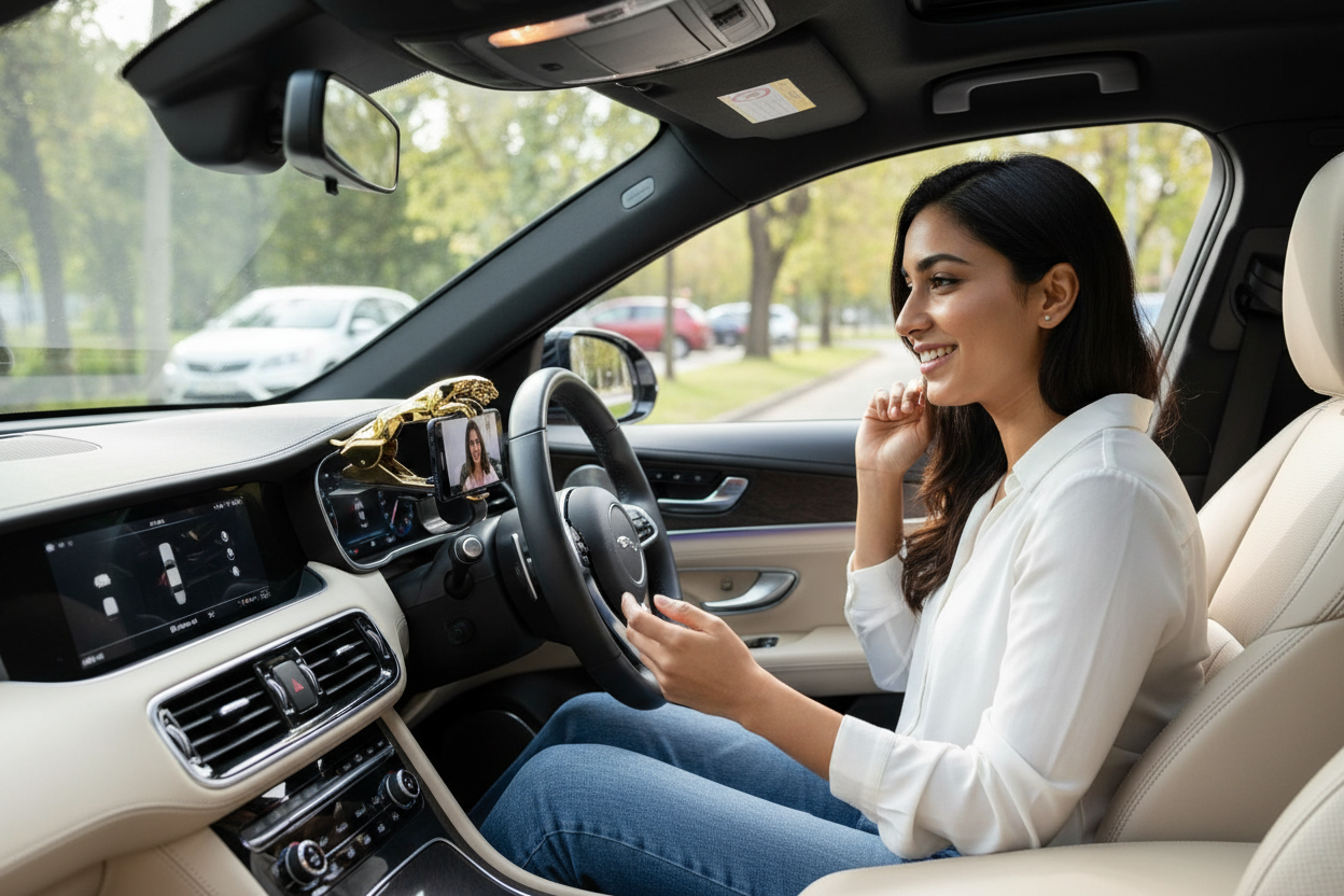 Woman using phone on car mount for video call