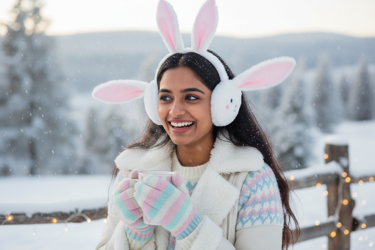 Woman wearing cute rabbit ear muffs in winter